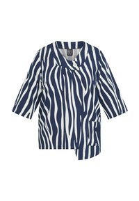 Top a righe blu navy e bianche in tessuto leggero, con maniche a tre quarti, colletto arrotondato, dettaglio con bottone e tasca laterale.