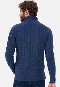 Mann mit lockigem Haar und Bart, der einen blauen, kabelgestrickten Rollkragenpullover trägt, von hinten vor einem schlichten Hintergrund gezeigt.