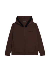 Hoodie zippé marron avec une capuche à bord noir, comportant un slogan brodé sur la poitrine et des manches longues. Texture de tissu lisse.