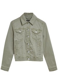 Veste en denim vert olive avec un col, fermeture à boutons sur le devant, deux poches poitrine et poches latérales. Présente des coutures contrastées et des boutons métalliques.