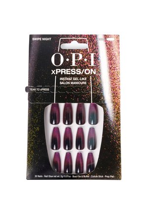 Ongles OPI xPress On, forme longue, dégradé ombré en violet et teal, finition brillante, comprend de la colle à ongles, une lime, un polisseur et un bâtonnet de cuticules.
