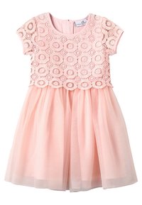 Różowa sukienka z koronkowym gorsetem ozdobionym okrągłymi wzorami i tiulową spódnicą. Okrągły dekolt, krótkie rękawy oraz zapięcie na zamek z tyłu.