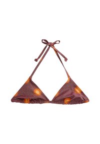 Kolm角inen bikinitoppi tekstuuripinnalla marooniväristä kangasta, jossa on oransseja tie-dye-rasvaisia pilkkuja. Solmitaan kaulan ja selän ympärille säädettävän istuvuuden saavuttamiseksi.