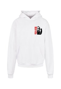 Hvid hoodie med en frontlomme og et grafisk design med en skrige-maske og rød tekst, der siger "NEJ, DU LÆGGER PÅ." Blødt stof.