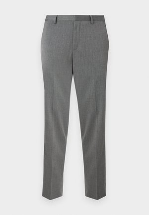Gray tailored trousers with a fine herringbone texture, straight cut, and belt loops. Features pressed creases for a polished look.