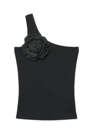 Top nero monospalla con ampia spallina e grande dettaglio a rosa in tessuto sulla spallina vicino allo scollo.