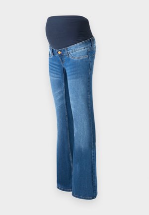 Schwangerschaftsjeans aus blauen Denim, mit einem dunklen Navy-Stretchpanel an der Taille, ausgestellten Beinen und klassischem Fünf-Taschen-Design.