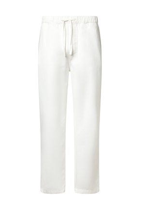 Pantaloni bianchi a vestibilità comoda con vita elasticizzata e coulisse frontale, gambe dritte, senza tasche visibili o motivi.