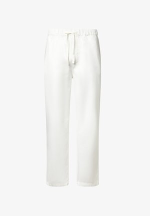Pantaloni bianchi a vestibilità comoda con vita elasticizzata e coulisse frontale, gambe dritte, senza tasche visibili o motivi.
