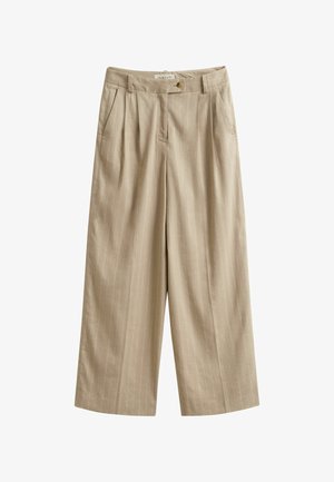 Pantalon beige à jambes larges avec fines rayures verticales, passants pour ceinture, bouton à l'avant, fermeture éclair et poches latérales.