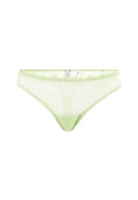 Lace thong in soft pastel green with floral patterns and scalloped edges. Features a smooth front panel and a delicate trim for added texture.