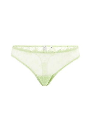Lace thong in soft pastel green with floral patterns and scalloped edges. Features a smooth front panel and a delicate trim for added texture.