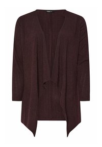 Bordeauxöppen cardigan med ribbad textur, trekvartslånga ärmar och en flytande design. Inga knäppningar, mjukt tyg med subtil lyster.