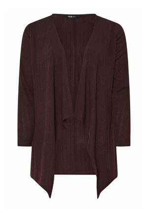 Cardigan aperto color bordeaux con texture a coste, maniche a tre quarti e un design fluido. Senza chiusure, tessuto morbido con un lieve lucido.