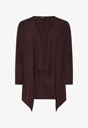 Bordeauxroter Cardigan mit offener Vorderseite, gerippter Textur, dreiviertellangen Ärmeln und fließendem Design. Ohne Verschlüsse, aus weichem Stoff mit subtiler Schimmer.
