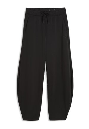 Schwarze locker sitzende Hose mit elastischem Bund, Kordelzug, Seitentaschen und kleinem Logo am rechten Oberschenkel.