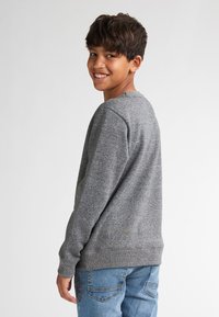 Grauer Pullover mit Rundhalsausschnitt, langen Ärmeln und gerippten Bündchen, kombiniert mit blauen Jeans. Glatte Textur, lässige Passform.