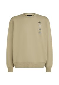 Sudadera color caqui hecha de tela suave, con cuello redondo, puños de canalé y cinco caras impresas en el frente en varios estilos.