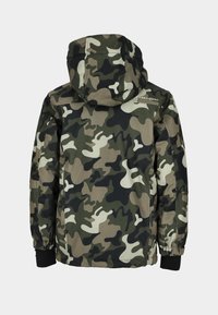 Kamouflagejacka med huva, långa ärmar med elastiska manschetter och en blandning av gröna, svarta och beige mönster. Kontinuerlig textur genom hela.