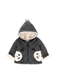 Graue Kapuzenjacke mit Kunstfellfutter und Taschen in Panda-Optik. Verfügt über einen Reißverschluss und einen Pompon an der Kapuze. Weicher Stoff.