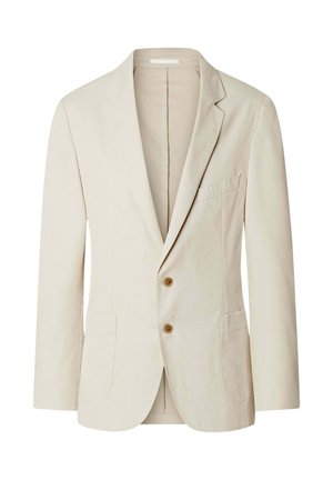 Blazer da uomo beige chiaro con rever a lancia, due bottoni marroni, taschino sul petto e due tasche applicate inferiori, esposto su sfondo bianco.