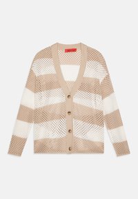 Beige- und weiß gestreifter Cardigan aus offenem Strickmaterial, mit V-Ausschnitt, fünf Knöpfen und langen Ärmeln.