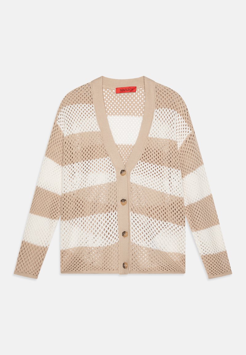 Beige- und weiß gestreifter Cardigan aus offenem Strickmaterial, mit V-Ausschnitt, fünf Knöpfen und langen Ärmeln.