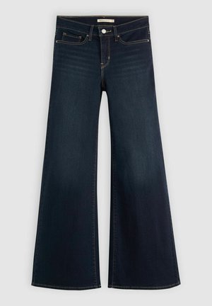 Jeans a gamba larga blu scuro in materiale denim, con vita alta, cinque tasche e dettagli di cucitura tradizionali.