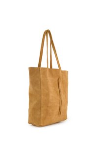 Wildleder-Shopper in Hellbraun mit zwei Griffen, quadratischer Form und minimalistischem Design. Verfügt über einen oberen Verschluss und eine weiche Textur.