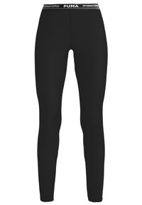 Leggings neri con texture a coste, dotati di un alto fascione in vita etichettato "PUMA" in bianco. Progettati per una silhouette aderente.