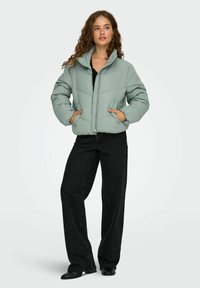 Lyst grøn pufferjakke med høj krave, lynlås lukning og sidelommer, båret over en sort top og parret med sorte vide bukser.