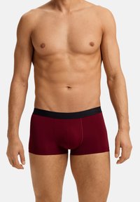 Boxer brevii borgogna con vestibilità aderente, realizzati in tessuto morbido. Vita nera con logo del marchio, texture liscia e senza dettagli extra.