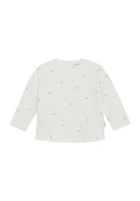 Langsleeve shirt van witte katoen met roze en blauwe sterrenpatronen. Heeft een ronde halslijn en een opening aan de achterkant voor makkelijk aan- en uittrekken.