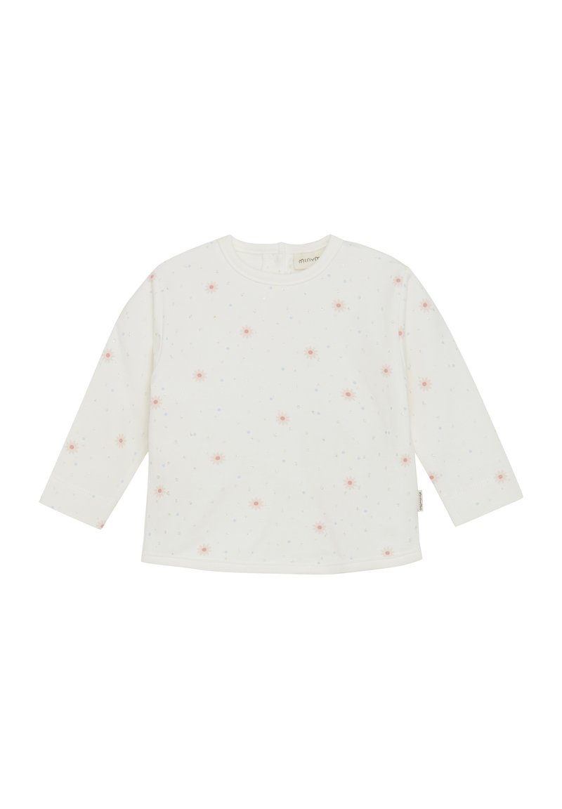 Langsleeve shirt van witte katoen met roze en blauwe sterrenpatronen. Heeft een ronde halslijn en een opening aan de achterkant voor makkelijk aan- en uittrekken.