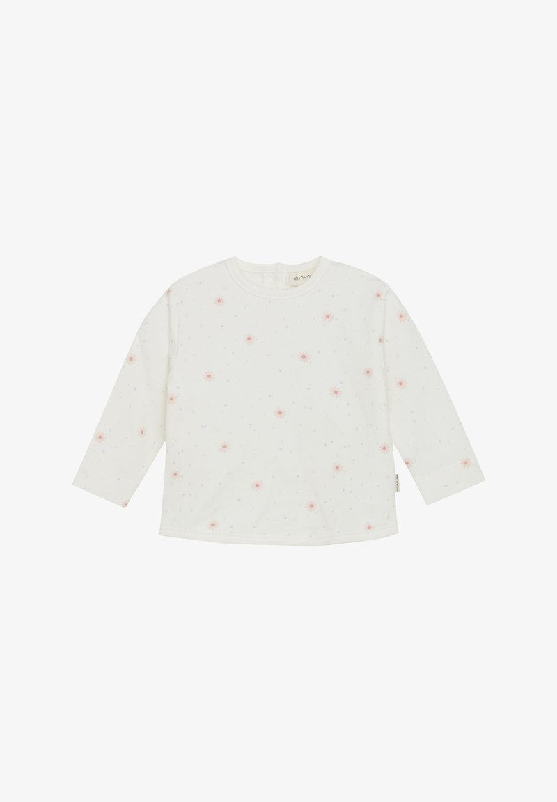 Langarmshirt aus weißer Baumwolle mit rosa und blauen Sternmustern. Hat einen runden Halsausschnitt und eine Öffnung hinten für ein einfaches An- und Ausziehen.