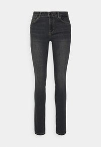 Jeans in denim scuro con una vestibilità slim, dotati di chiusura con zip, bottone singolo, cinque tasche e dettagli di cucitura discreti.