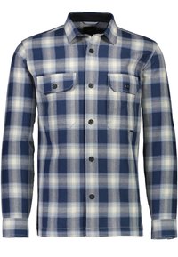 Laivastonsininen ja valkoinen ruudullinen nappipaita, jossa on kaksi rintataskua, kaulus ja pitkät hihat, valmistettu kuvioidusta kankaasta, jossa on ruutukuvio.