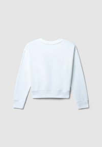 Felpa bianca corta con maniche lunghe, colletto rotondo, morbida texture di cotone, polsini e orlo a coste, senza grafiche o motivi.