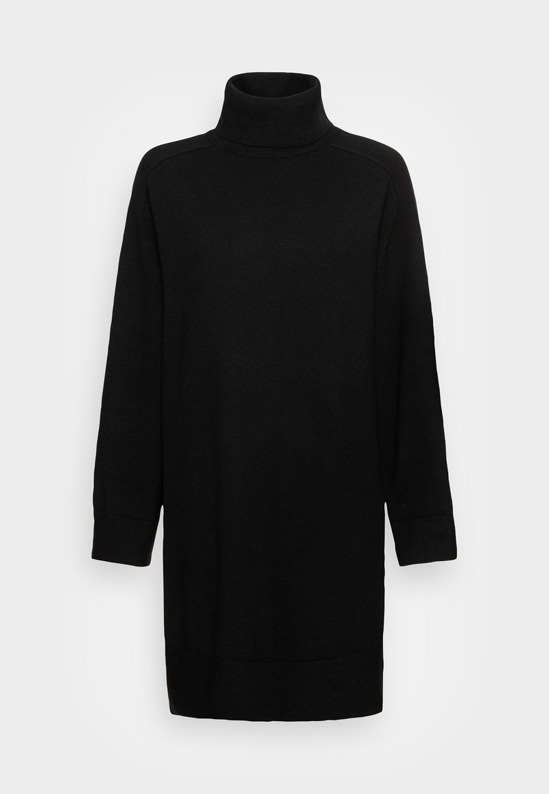 Robe pull noire à manches longues avec col roulé, poignets et ourlet côtelés, présentée sur un fond blanc uni.