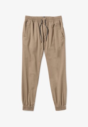 Beige Jogginghose aus leichtem Material, mit elastischem Bund und Kordelzug, seitlichen Taschen und elastischen Bündchen.
