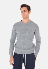 Maglione grigio a maniche lunghe con scollo a girocollo, caratterizzato da un motivo a maglia testurizzata e polsini a costine, abbinato a pantaloni scuri. Nessun logo o decorazione visibile.