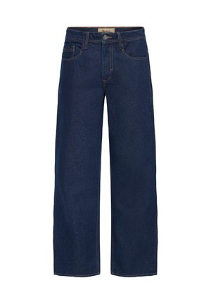 High-waisted, wide-leg jeans made of dark denim. Features include front pockets, a metal button closure, and a straight cut.