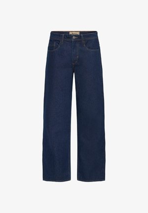 High-waisted, wide-leg jeans made of dark denim. Features include front pockets, a metal button closure, and a straight cut.