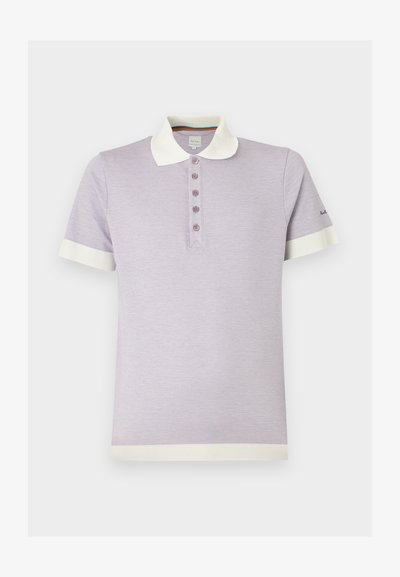 Ανοιχτό μοβ πόλο με κοντά μανίκια, λευκό γιακά και μανσέτες, με πέντε κουμπιά και ριμπ τελείωμα.