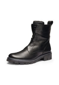Black leather ankle boot with front zipper, padded collar, chunky treaded sole, and pull tab at the back, suitable for cold weather.