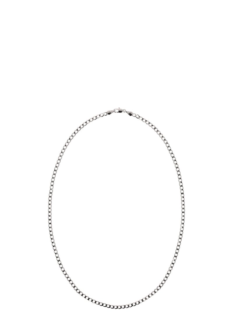 Sølvfarvet kædehalskæde lavet af sammenkædede metalcirkler. Glat overflade, runde led og en sikker lås bagpå.