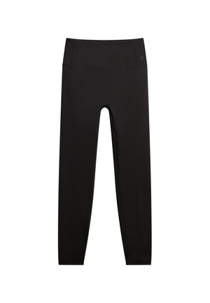 Leggings neri con una vita alta e ampia. Realizzati in un tessuto liscio e elastico, dotati di cuciture piatte per il massimo comfort. Nessun logo o motivo visibile.