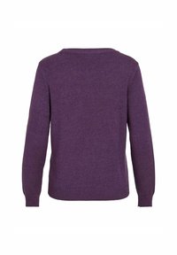 Lilla strikkegenser med lange ermer og rund hals, med en myk tekstur og ribbet nederkant og mansjetter. Vist fra bak.