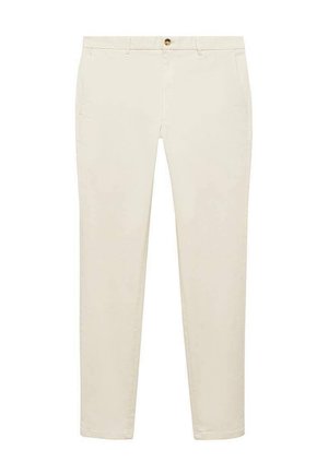 Pantalon en coton beige à coupe slim, doté de poches arrière et d'une fermeture à bouton à la taille. Texture lisse et conception de jambe fuselée.