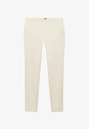 Beige Baumwollhosen mit einer schlanken Passform, ausgestattet mit Gesäßtaschen und einem Knopfverschluss am Bund. Sanfte Textur und konisch zulaufendes Bein-Design.